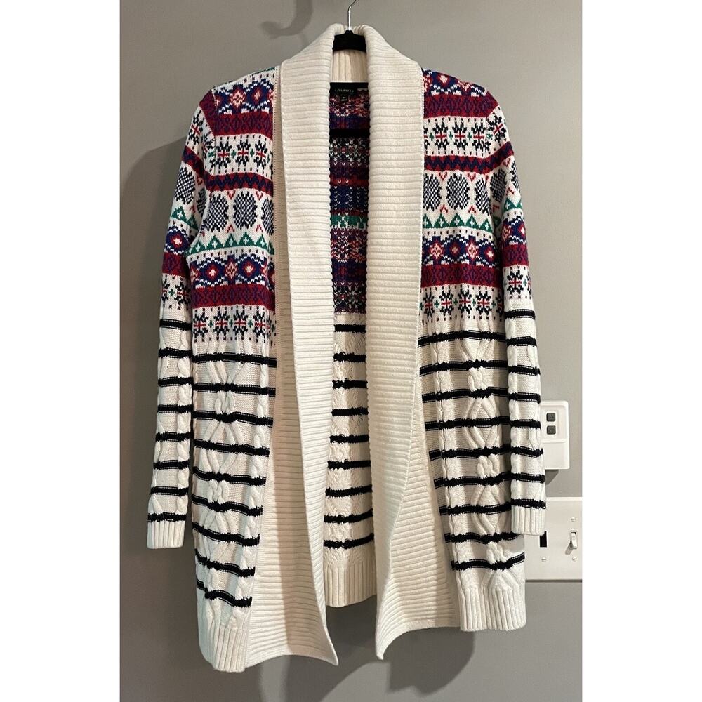 Talbots Sweater Open Cardigan Fair Isle Cable Knit Cotton Acrylic Womens Medium